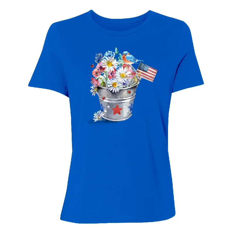 Patriotic Floral Bucket Women's T-Shirt Solid Print Embellished