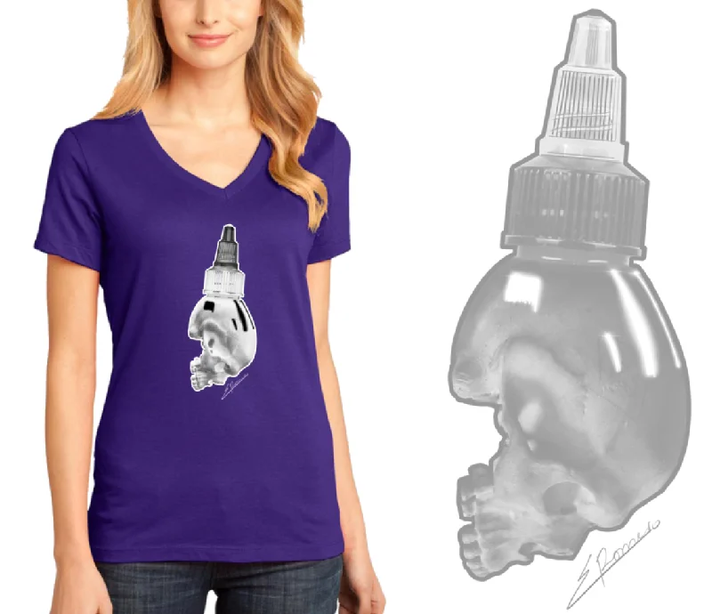 Art Society SKULL INK BOTTLE WOMENS V-NECK TEE PURPLE Basic T-Shirt Crew Neck Short Sleeve Art Society SKULL INK BOTTLE WOMENS V-NECK TEE PURPLE Basic T-Shirt Crew Neck Short Sleeve