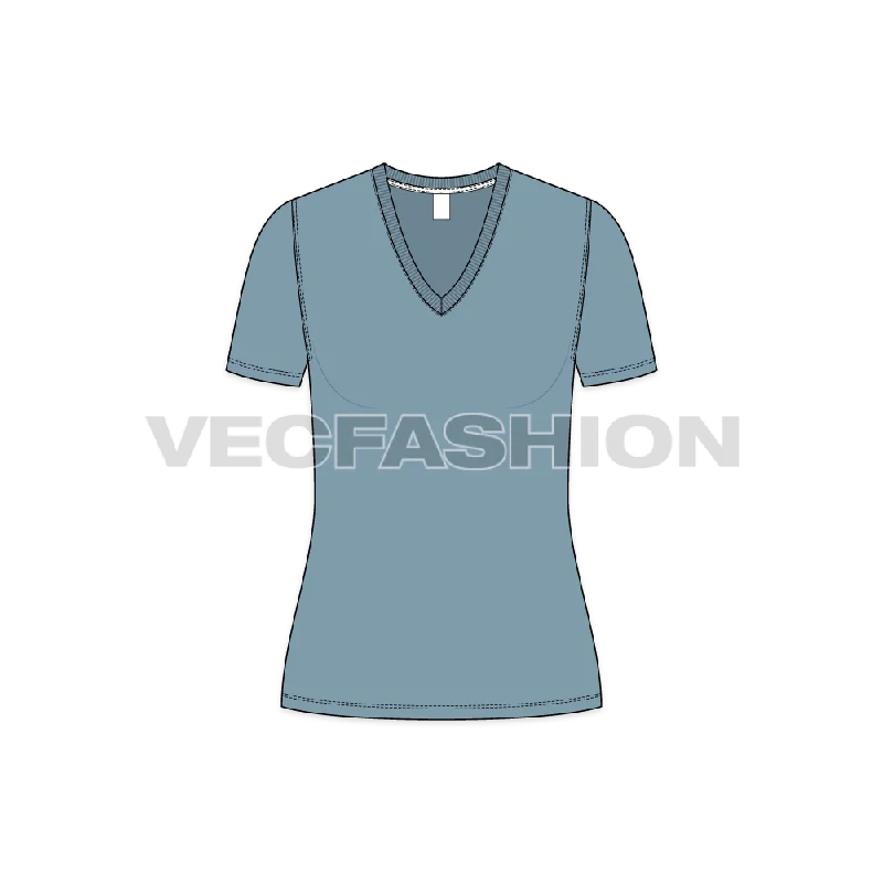 Women's Basic Long V-neck T-shirt Mesh Canvas Denim