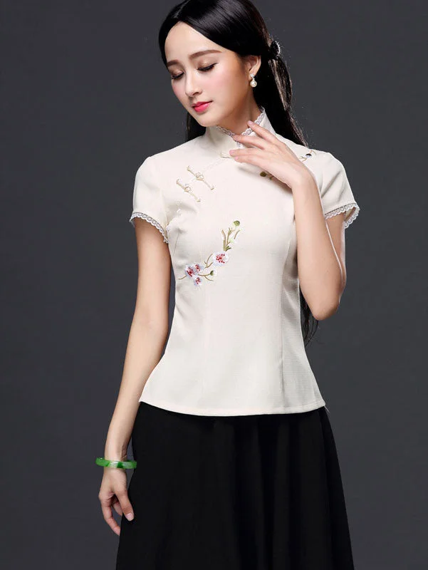 Beige Pink Embroidered Qipao Cheongsam T-shirt Machine Wash Dry Clean Hand Wash