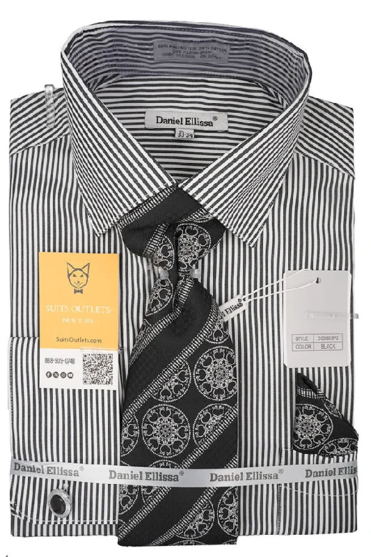 Black White Bold Stripe French Cuff Dress Shirt with Tie, Cuff Links and Pocket Square Zippered Buttoned Snapped