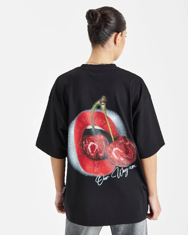 Cherries Oversized T-Shirt - Black/White/Red Zippered Front Buttoned Front Snap Front