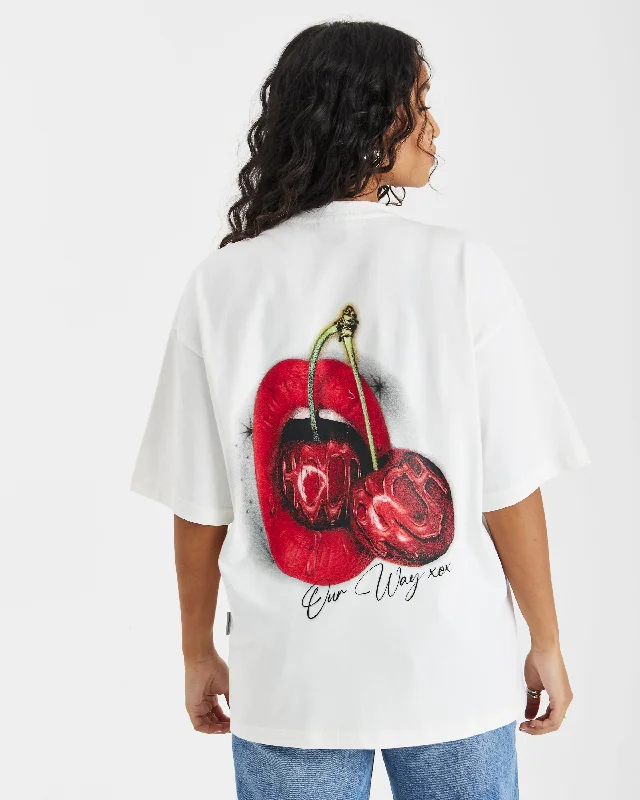 Cherries Oversized T-Shirt - White/Black/Red Chenille Blend Fleece Blend Nylon Blend