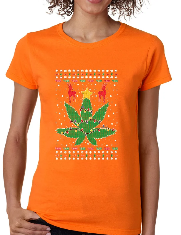 Christmas Weed tree Women's T Shirt Cool Xmas Dope Shirt Print Jacquard Patchwork