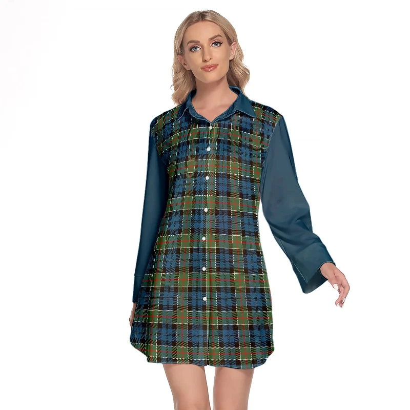 Colquhoun Ancient Tartan Women's Lapel Shirt Dress With Long Sleeve Notch Collar Peter Pan Collar Cowl Neck