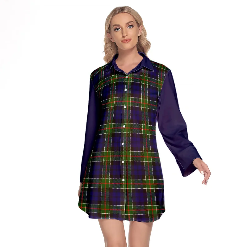 Colquhoun Modern Tartan Women's Lapel Shirt Dress With Long Sleeve Cotton Fabric Linen Fabric Terry Fabric