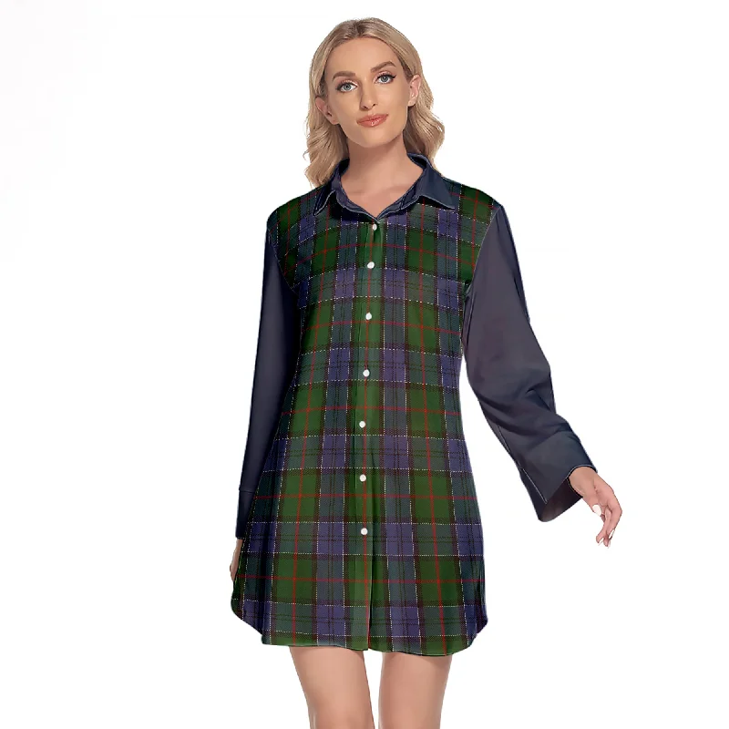 Colquhoun Tartan Women's Lapel Shirt Dress With Long Sleeve Rayon Velvet Corduroy