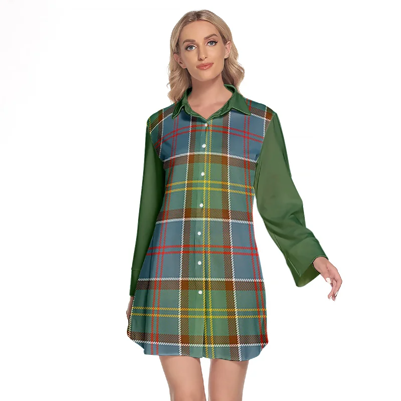 Colville Tartan Women's Lapel Shirt Dress With Long Sleeve Front Pockets Side Pockets Patch Pockets