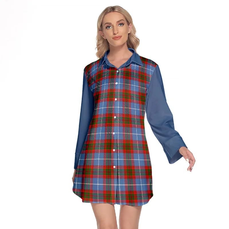 Congilton Tartan Women's Lapel Shirt Dress With Long Sleeve Print Jacquard Patchwork