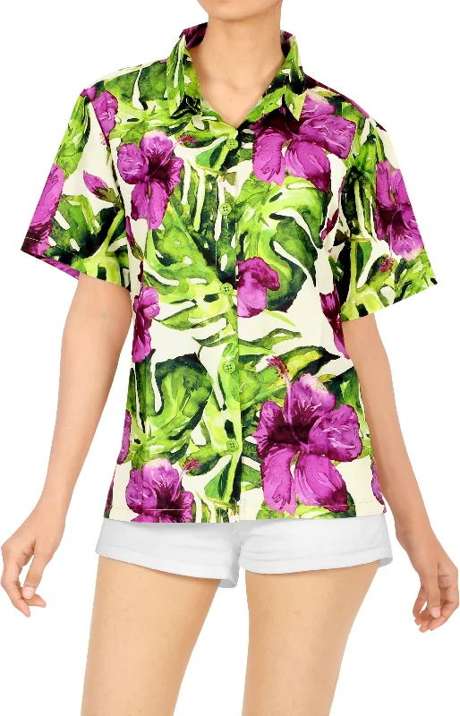 Multicolor Monstera Leaves and Hisbiscus Flower Printed Hawaiian Shirt For Women Notch Collar Peter Pan Collar Cowl Neck