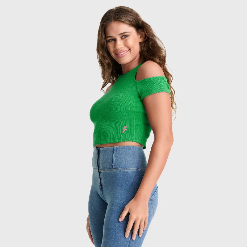 Cropped Cut Out T Shirt - Green Mesh Blend Leather Blend Suede Blend