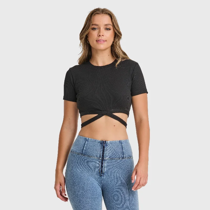 Cropped Wrap Around T Shirt - Black Lace Blend Ribbed Blend Corduroy Blend