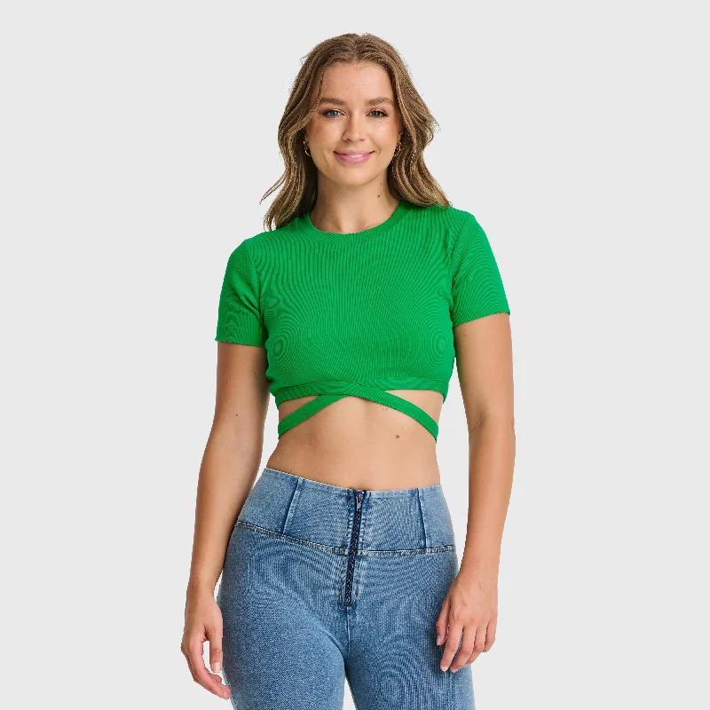 Cropped Wrap Around T Shirt - Green Lace Blend Ribbed Blend Corduroy Blend