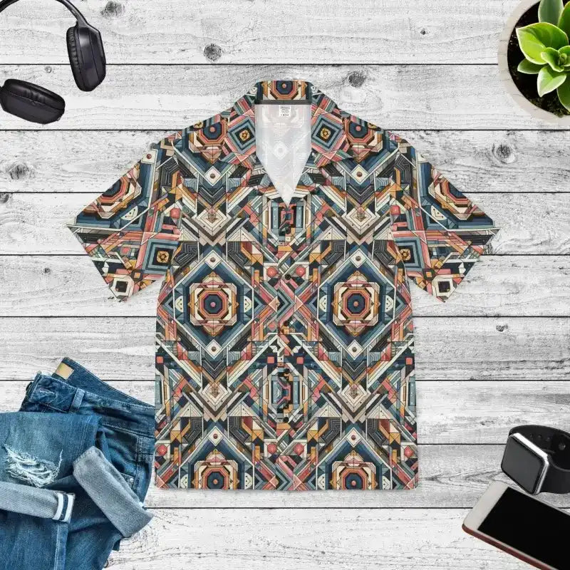 Vibrant Geometric Hawaiian Camp Shirt for Men Welt Pockets Slit Pockets