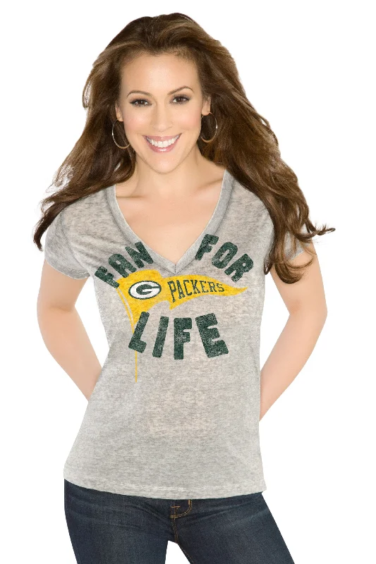 Green Bay Packers Women's Gray Fan for Life V-Neck T-Shirt Graphic Embroidered Appliqued