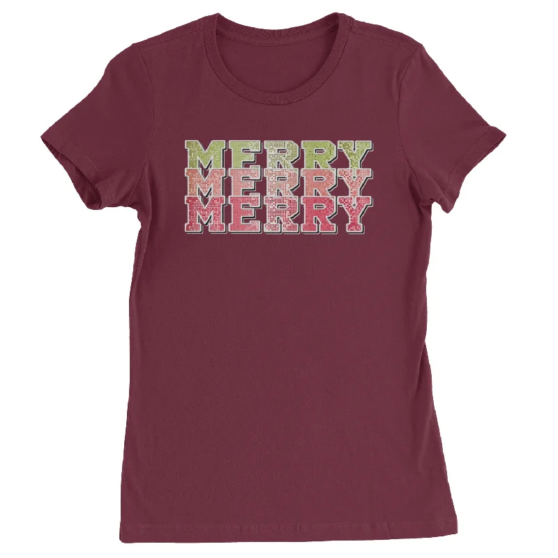 Merry Merry Merry Faux Sequins  Womens T-shirt Mesh Canvas Denim