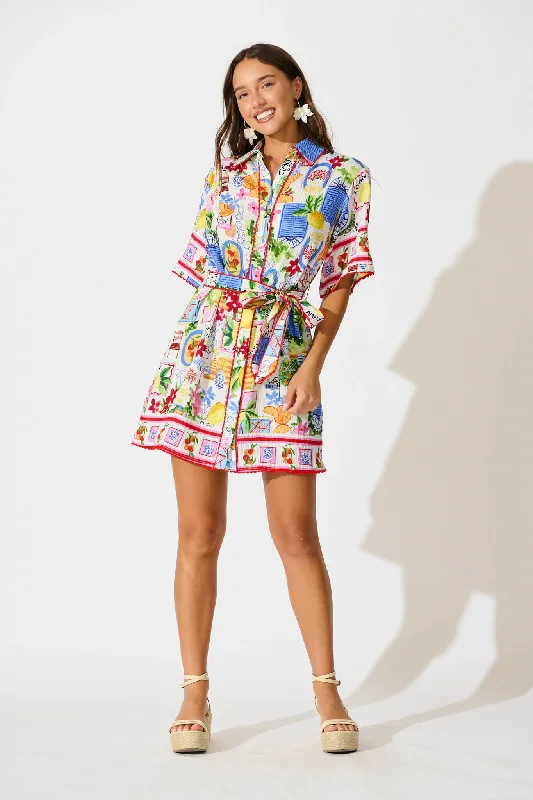 Miela Shirt Dress in White With Multi Print Mesh Fabric Canvas Fabric Denim Fabric