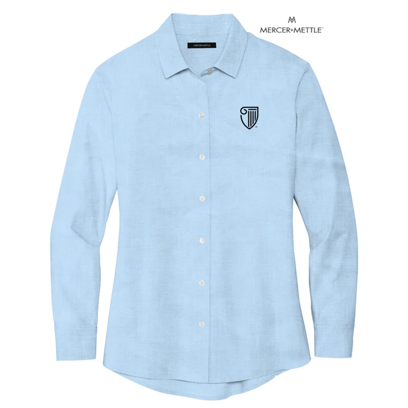 NEW STRAYER Mercer+Mettle™ Women’s Long Sleeve Stretch Woven Shirt - Air Blue End On End Asymmetrical Pockets Print