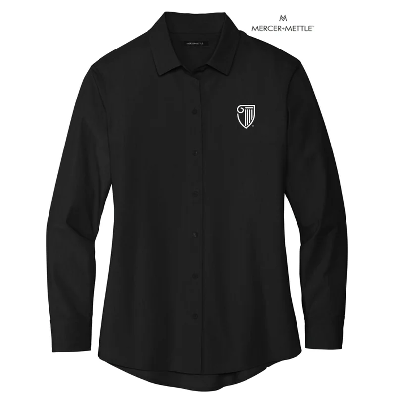 NEW STRAYER Mercer+Mettle™ Women’s Long Sleeve Stretch Woven Shirt - Deep Black Front Pockets Side Pockets Patch Pockets