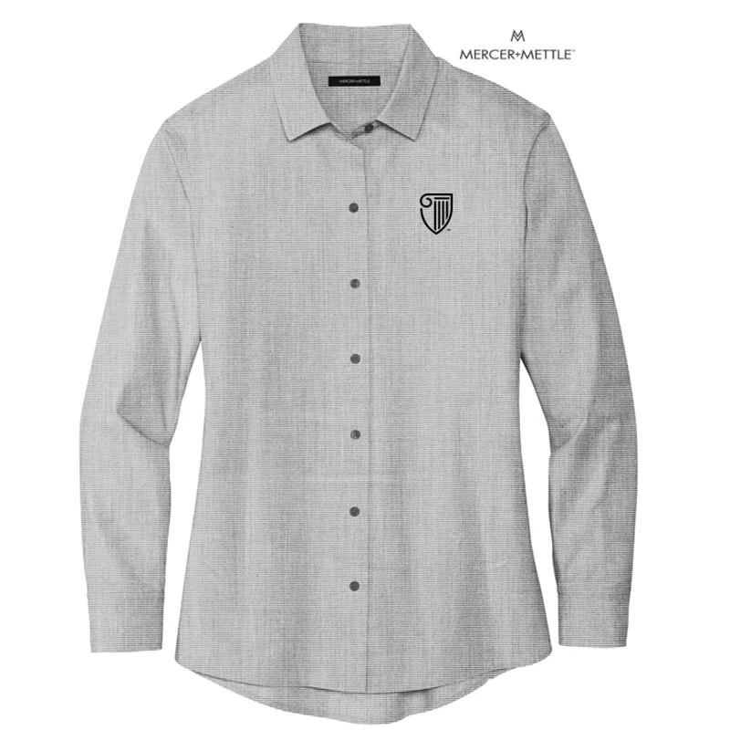 NEW STRAYER Mercer+Mettle™ Women’s Long Sleeve Stretch Woven Shirt - Gusty Grey End On End Collared T-Shirt Boat Neck A-Line