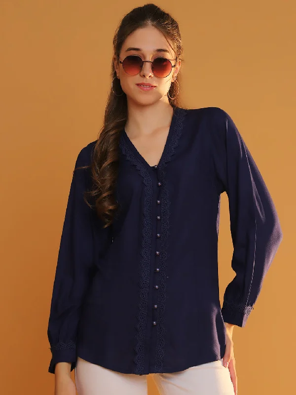 NOZ2TOZ Women's Navy Blue V-Neck Full Sleeves Shirt with Lace Placket Detailing Ribbed T-Shirt High Neck Heavyweight