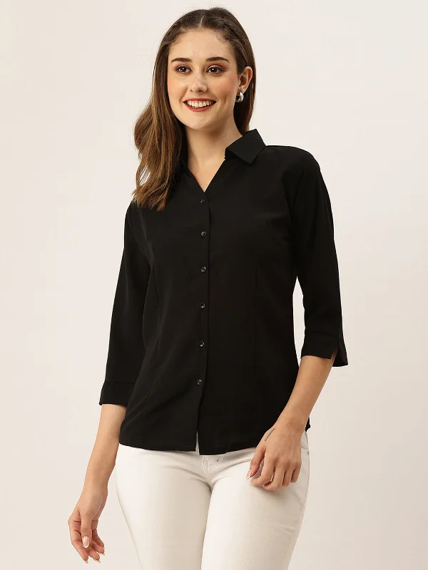 Odette Black Synthetic Solid Stitched Shirt For Women Front Pockets Side Pockets Patch Pockets