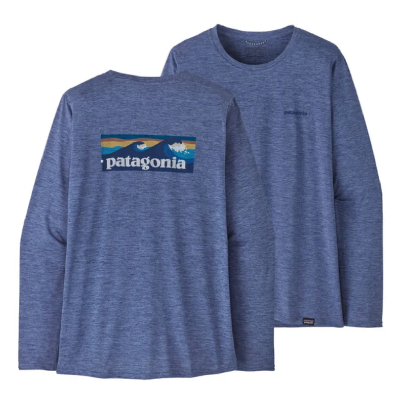 Patagonia Women's Long-Sleeved Capilene Cool Daily Graphic Shirt - Waters - Boardshort Logo: Current Blue X-Dye - Medium Wool Fabric Cashmere Fabric Tweed Fabric