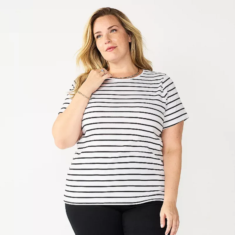 Plus Size Croft & Barrow® Essential Crewneck Tee Black & White Stripe Notch Collar Peter Pan Collar Cowl Neck