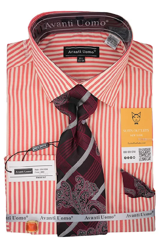 Red and White Striped French Cuff Dress Shirt Set with Tie, Cuff Links and Pocket Square Graphic T-Shirt Round Neck Polyester