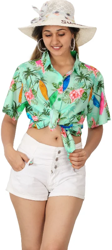 Sea Green Palm Tree and Floral Printed Hawaiian Shirts for Women Mesh Blend Leather Blend Suede Blend