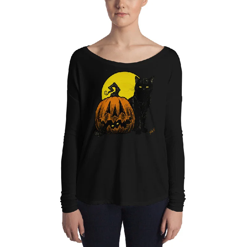 Still Life with Feline and Gourd Ladies' Long Sleeve Tee Fitted T-Shirt Seamless Stretchy