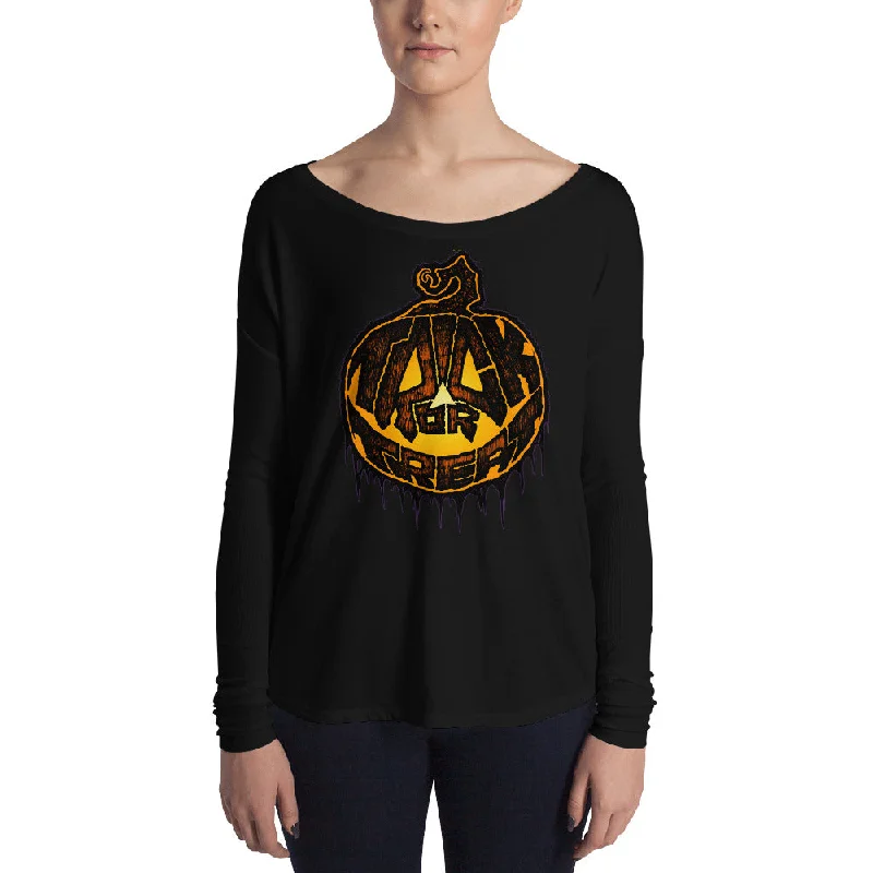 Trick or Treat Ladies' Long Sleeve Tee Collared T-Shirt Boat Neck A-Line