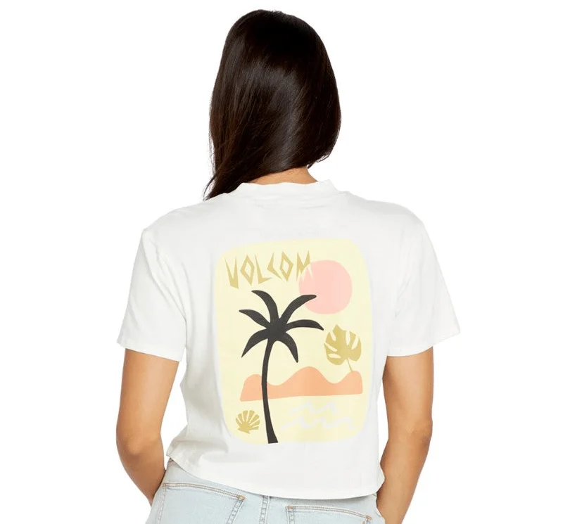 Volcom Pocket Dial Crop T Shirt Palm - White Silk Blend Satin Velvet