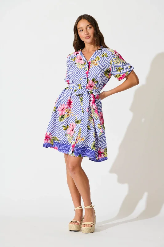 Winola Shirt Dress in Blue with Multi Floral Print Collared Crew Neck Turtle Neck