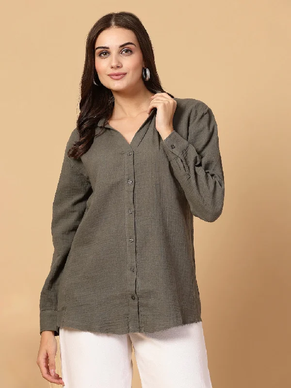 SMERA MART Women's Double Cloth Cotton Oversized Solid Casual Shirt for Women - Olive Modern Contemporary Chic