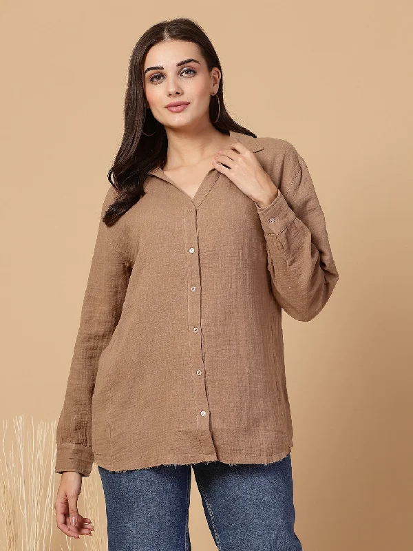 SMERA MART Women's Double Cloth Cotton Oversized Solid Casual Shirt for Women - Brown Spandex Blend Rayon Blend Denim Blend