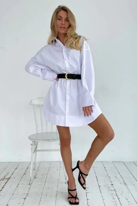 Women's White Long Sleeve Mini Shirt Dress Spandex Blend Rayon Blend Denim Blend