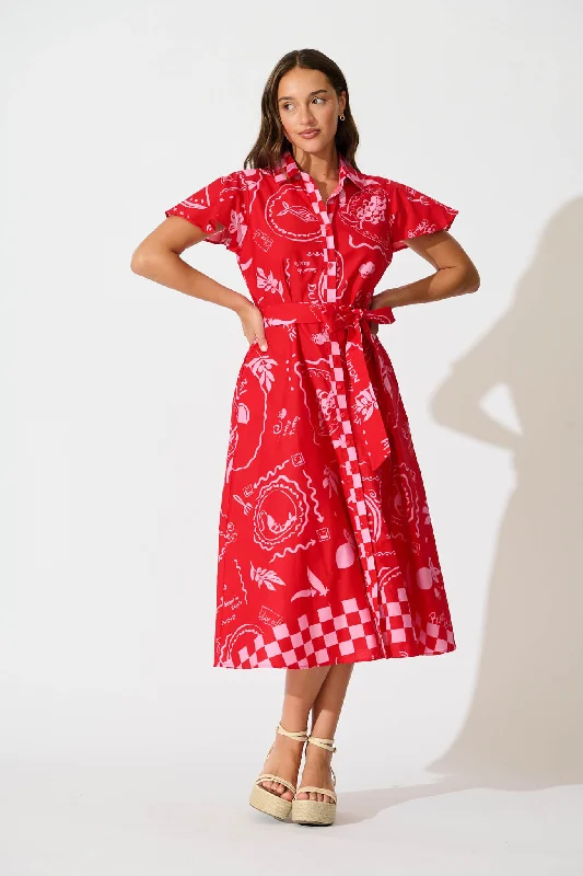 Yazmin Midi Shirt Dress in Red with Pink Border Cotton Zippered Buttoned Snapped