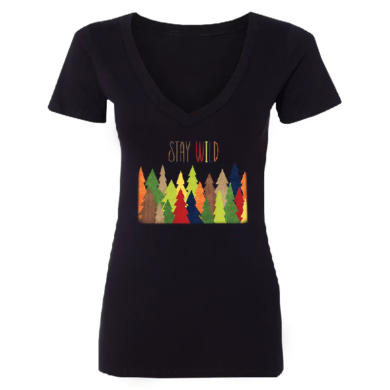 Zexpa Apparel™ Stay Wild Live in Forest Women's Deep V-neck Colorful Wild Trees Tee Mesh Canvas Denim Zexpa Apparel™ Stay Wild Live in Forest Women's Deep V-neck Colorful Wild Trees Tee Mesh Canvas Denim