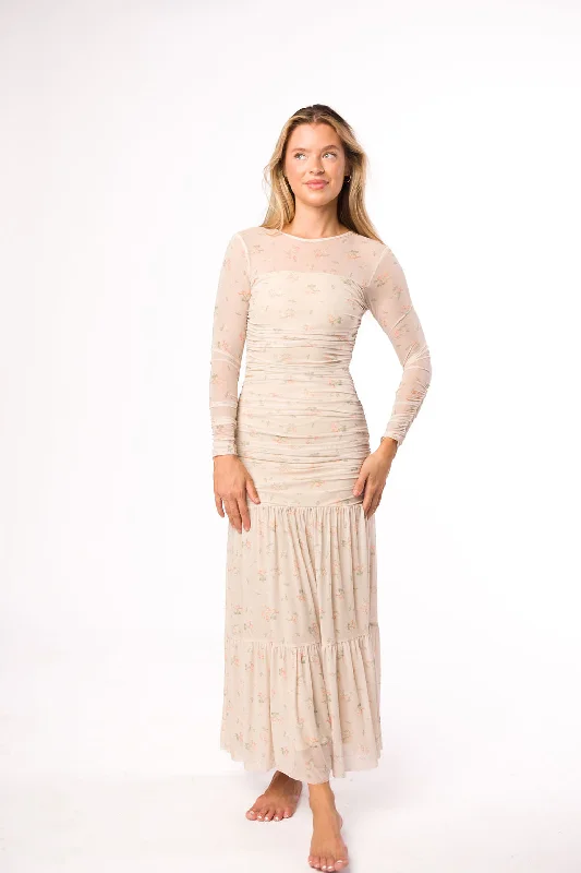 Camille Mesh Gathered Side Seam Maxi Dress in Nude Multi Floral Comfortable Maxi Dress with Slits Camille Mesh Gathered Side Seam Maxi Dress in Nude Multi Floral Comfortable Maxi Dress with Slits