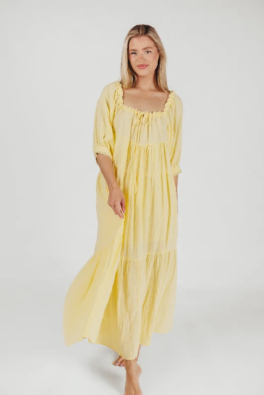 Goddess 100% Cotton Babydoll Maxi Dress in Light Yellow - Bump Friendly Fashionable Maxi Dress with Fringe Goddess 100% Cotton Babydoll Maxi Dress in Light Yellow - Bump Friendly Fashionable Maxi Dress with Fringe