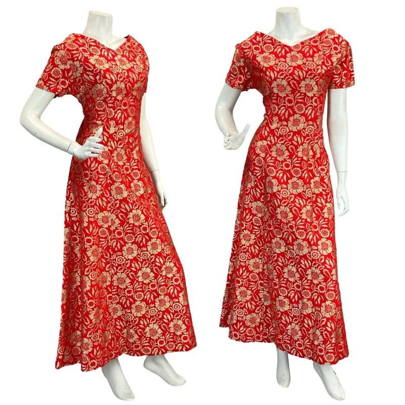 VTG 60S FOMR FITTING RED GOLD FLORAL EVENING PARTY SHORT SLEEVE MAXI DRESS 12 Chic Button-Up Maxi Dress VTG 60S FOMR FITTING RED GOLD FLORAL EVENING PARTY SHORT SLEEVE MAXI DRESS 12 Chic Button-Up Maxi Dress