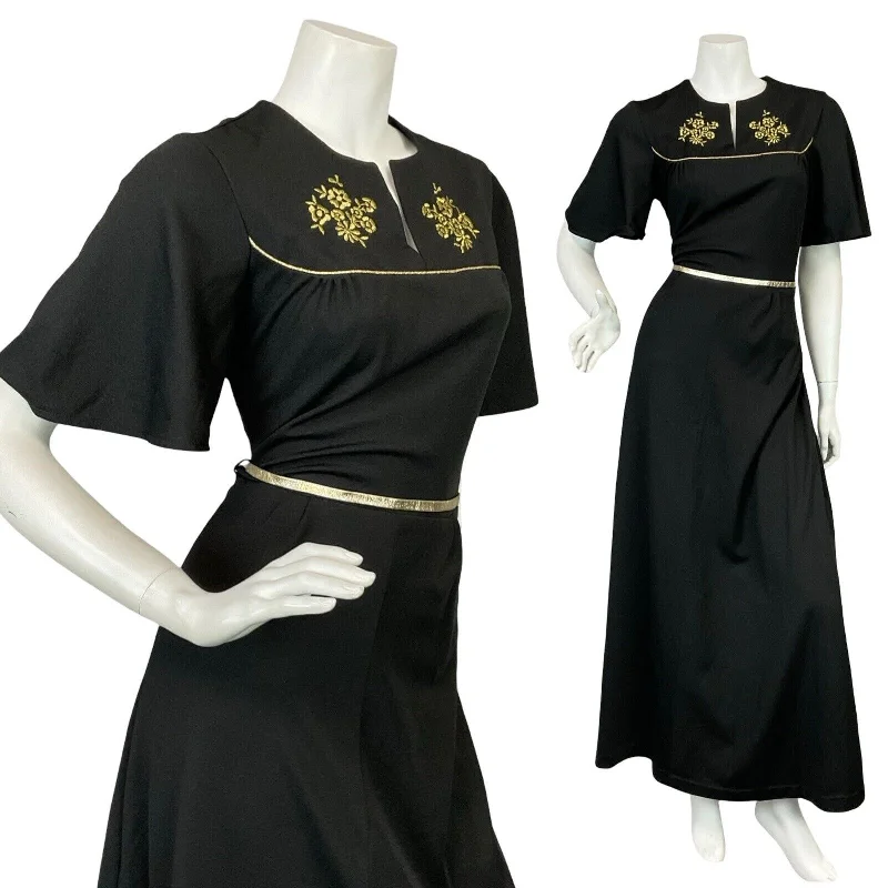 VTG 70S BLACK GOLD FLORAL ANGEL SLEEVE BOHO EMBROIDERY BELTED PARTY MAXI DRESS 8 Cozy Ribbed Maxi Dress VTG 70S BLACK GOLD FLORAL ANGEL SLEEVE BOHO EMBROIDERY BELTED PARTY MAXI DRESS 8 Cozy Ribbed Maxi Dress