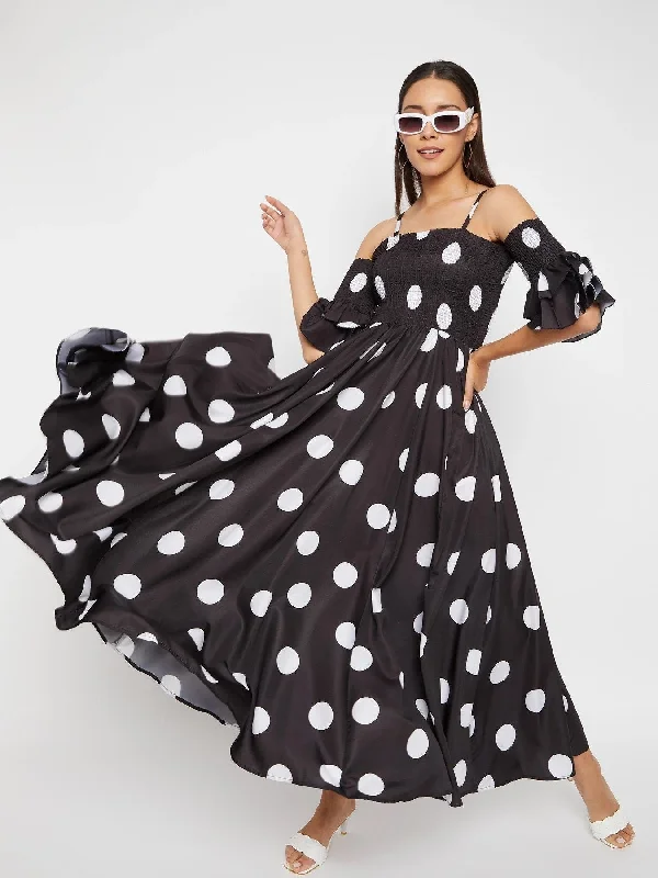 Women Black Base and White Polka Dot Printed Off Shoulder Maxi Dress Comfortable Bohemian Maxi Dress Women Black Base and White Polka Dot Printed Off Shoulder Maxi Dress Comfortable Bohemian Maxi Dress
