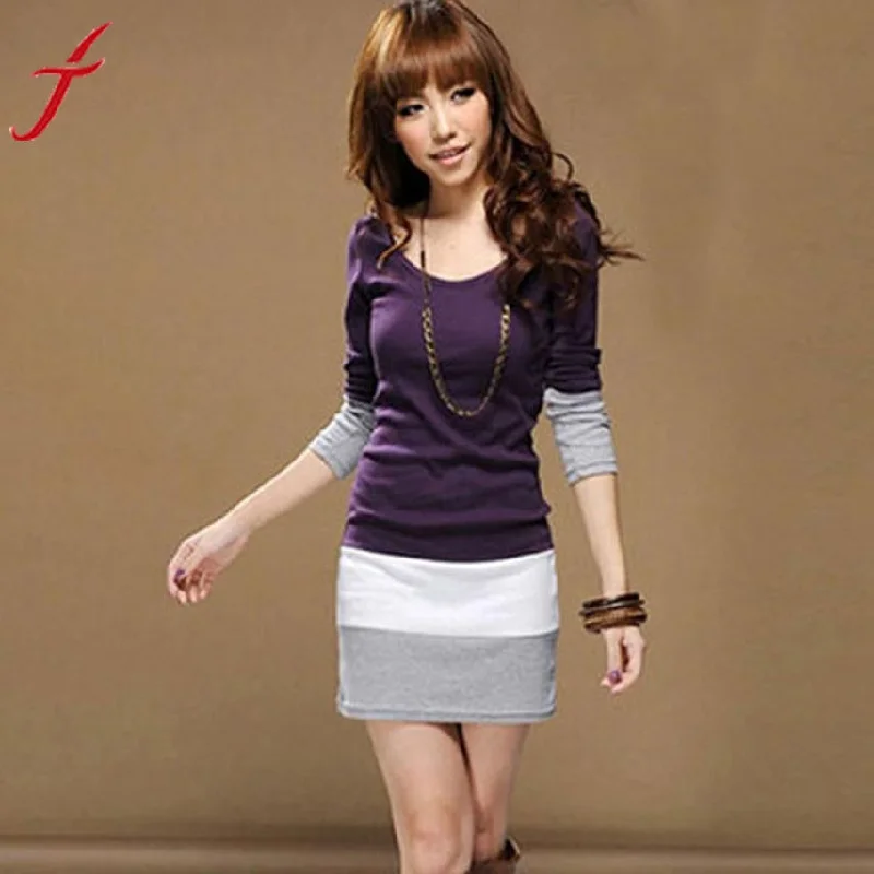 1PC Autumn Dress Womens Casual Long Sleeve Slim Stripe Party A-Line Mini Dress Clothing Sexy Black Purple Bodycon Dress Fashionable Boho-Chic Mini Dress