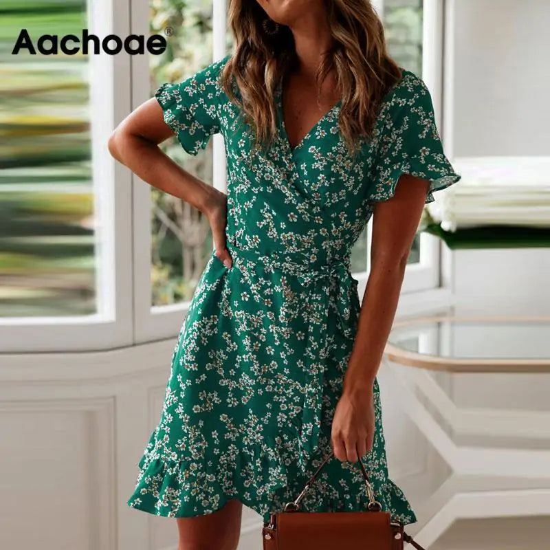 Aachoae Women's 2021 Summer V-Neck Floral Print Mini Dress Cozy Long Sleeve Mini Dress