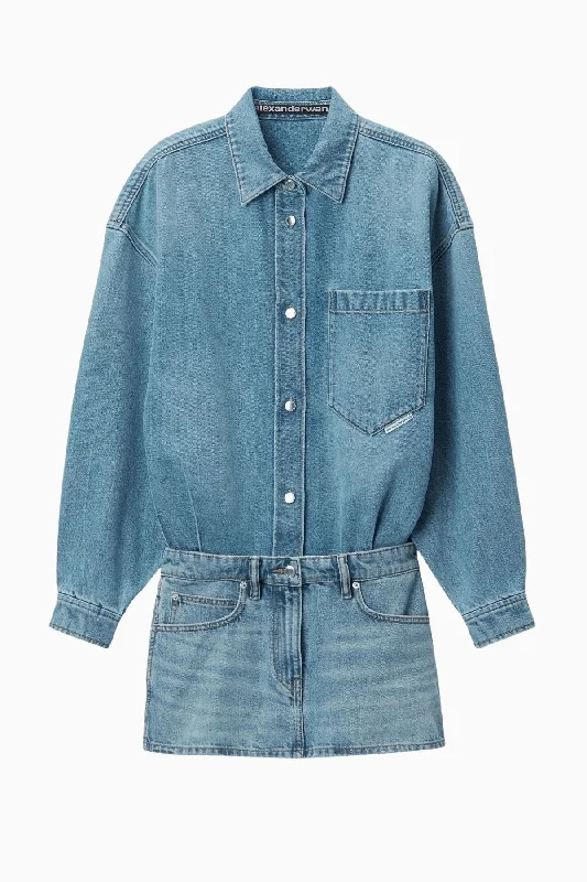 Alexander Wang Long Sleeve Prestyle Denim Shirt Mini Dress - Vintage Light Indigo Cozy A-Line Mini Dress