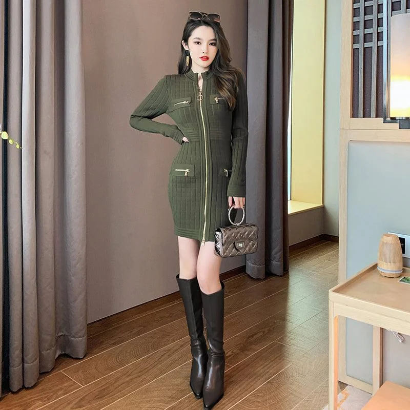 Army Green Knitted Front Zipper Mini Dress Fashionable Button-Front Mini Dress