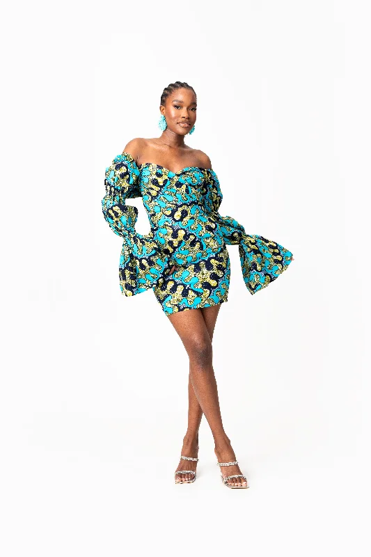 BADE African Print Off-shoulder Puffy Sleeve Mini Dress Chic Halter Mini Dress