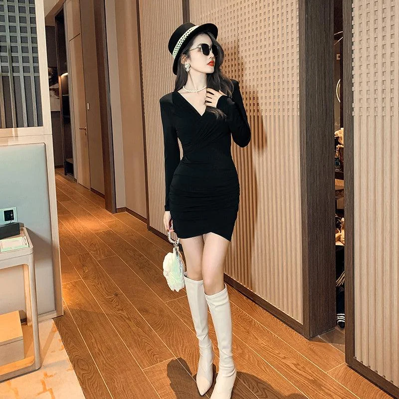 Black Form Fitting Female V Neck Bondage Mini Dress Trendy Denim Mini Dress